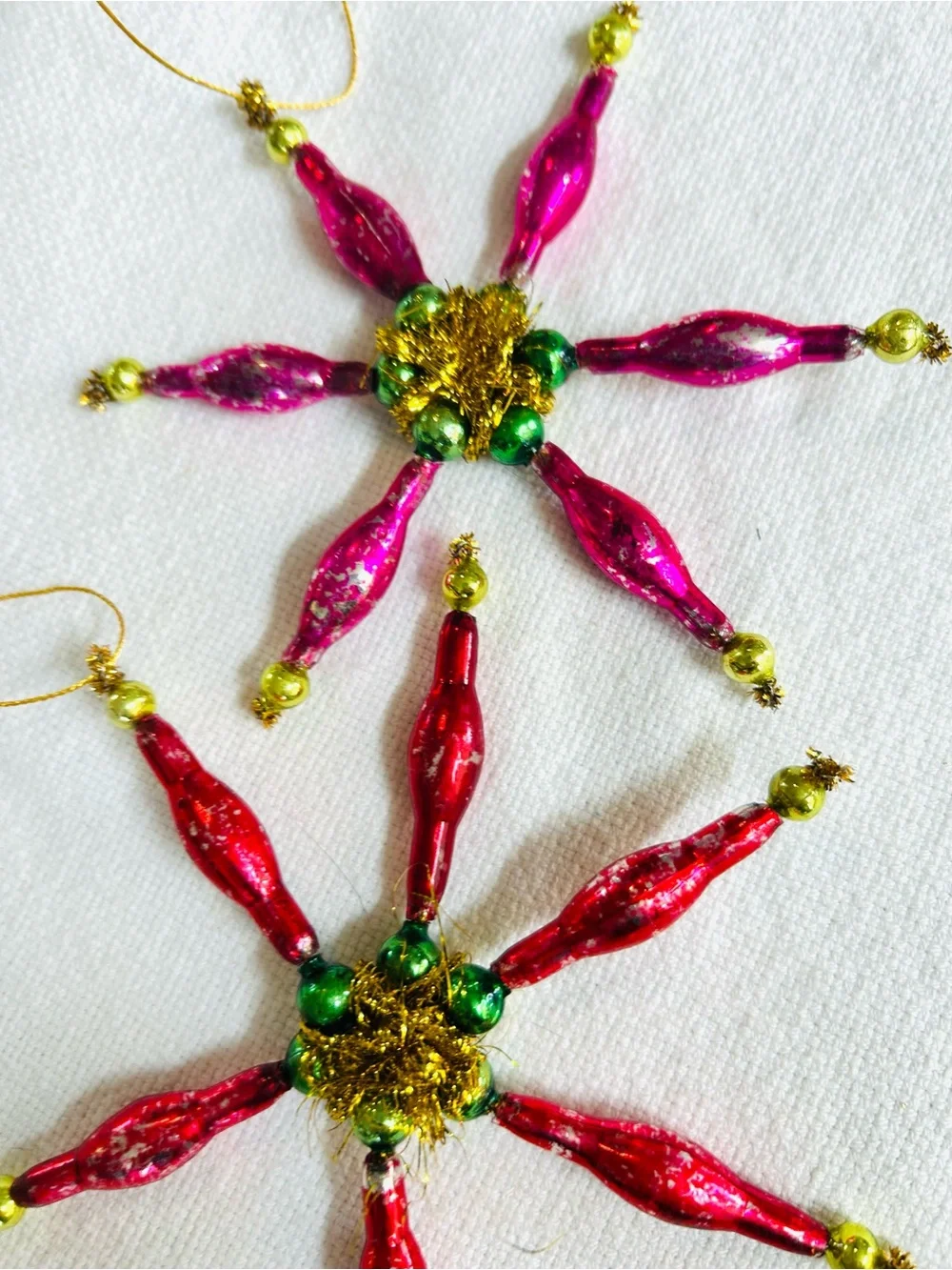 Vintage repurposed mercury, glass bead poinsettia holiday Christmas ornaments